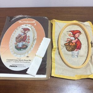 Vintage Cross Stitch MJ Hummel Peasant Girl 5" x 9" Wood Hoop Uncomplete
